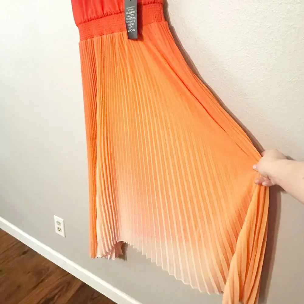 WHBM Orange Ombre Halter Pleated Shark-bite Midi Dress women’s size 6 NEW - Picture 5 of 12